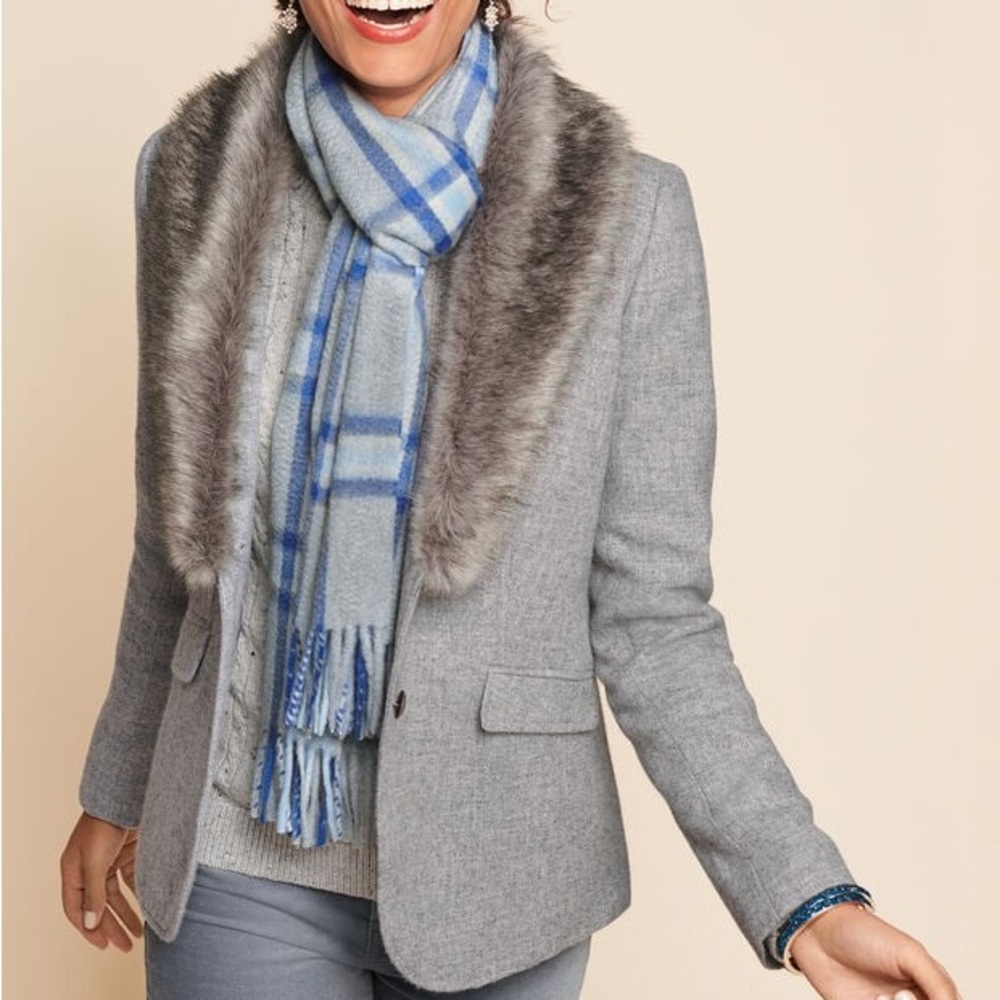 Talbots Petite Gray Wool Blend Classic Shetland Blazer with Fur Trim - Picture 3 of 13